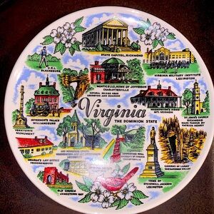 Vintage 60s State of Virginia Tourist Souvenir Ceramic Collector Display Plate